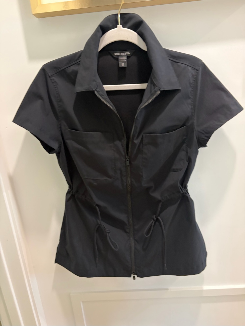 Athleta Black Short-Sleeve Zip-Up Utility Jacket with Drawcord Waist